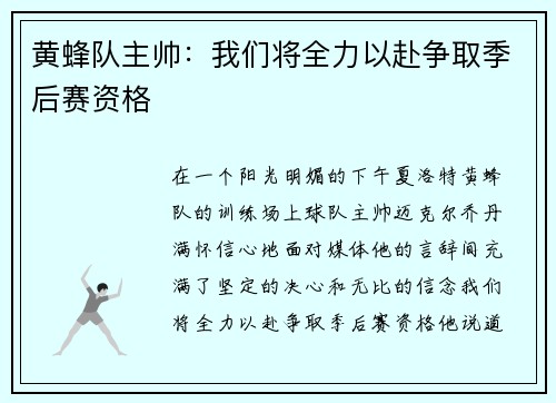 黄蜂队主帅：我们将全力以赴争取季后赛资格