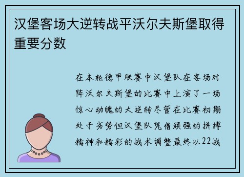 汉堡客场大逆转战平沃尔夫斯堡取得重要分数